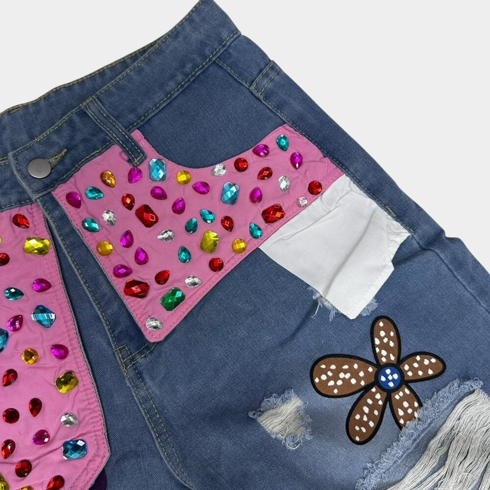 Women Ripped Jeans Straight Cut Boyfriend Size M Rhinestones Multicolor Prints - Picture 8 of 14
